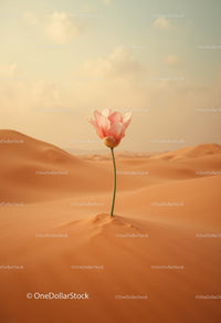 Delicate Pink Flower Growing Alone in Desert Sand
