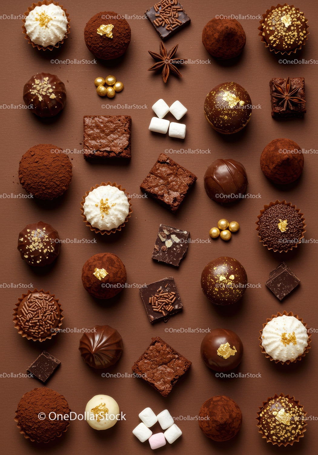 Assorted gourmet chocolates and sweets on brown background