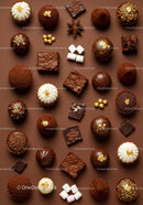 Assorted gourmet chocolates and sweets on brown background