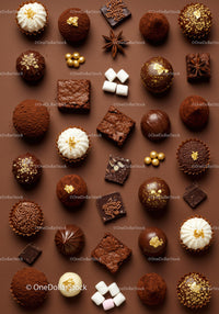 Assorted gourmet chocolates and sweets on brown background