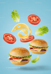 Fresh ham sandwich ingredients floating on blue background