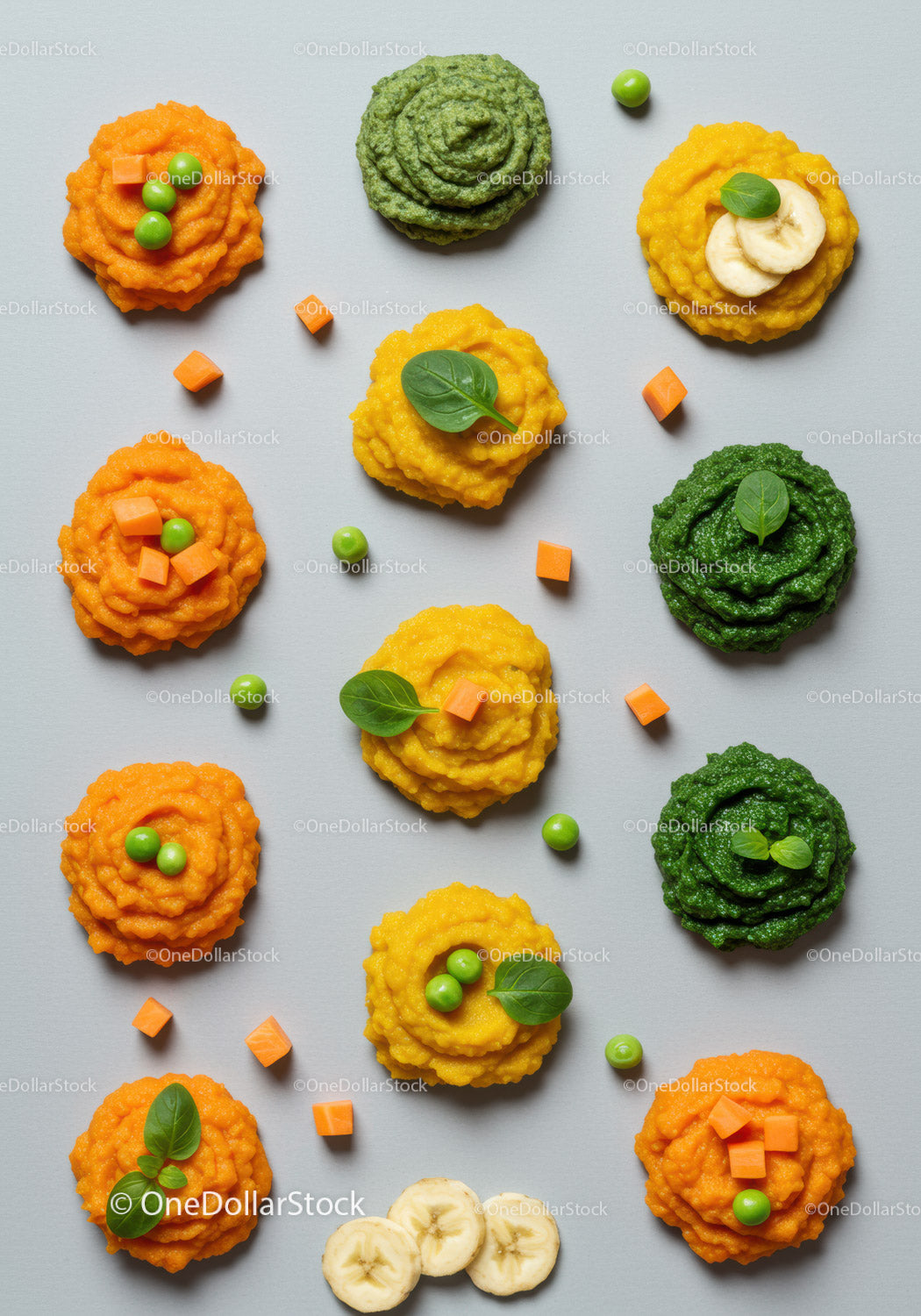 Colorful vegetable and fruit purees beautifully arranged