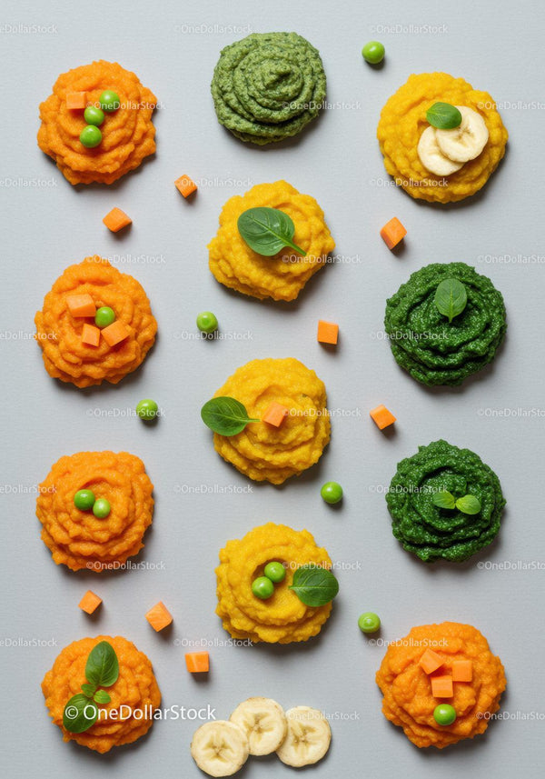 Colorful vegetable and fruit purees beautifully arranged