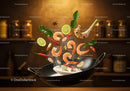Fresh shrimp and spices cooking in black wok pan