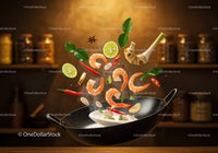 Fresh shrimp and spices cooking in black wok pan
