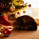 Tabby cat resting near decorated Christmas tree indoors