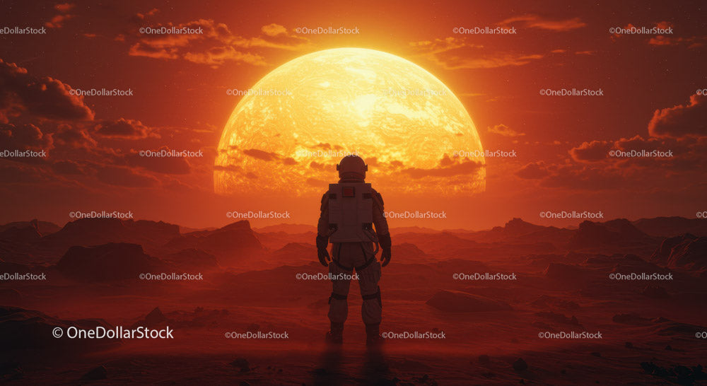Astronauta stojący na czerwonej planecie obcych pod potężnym zachodem słońca