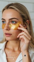 Young Woman with Blue Eyes Wearing Gold Under Eye Patches for Skin Care
