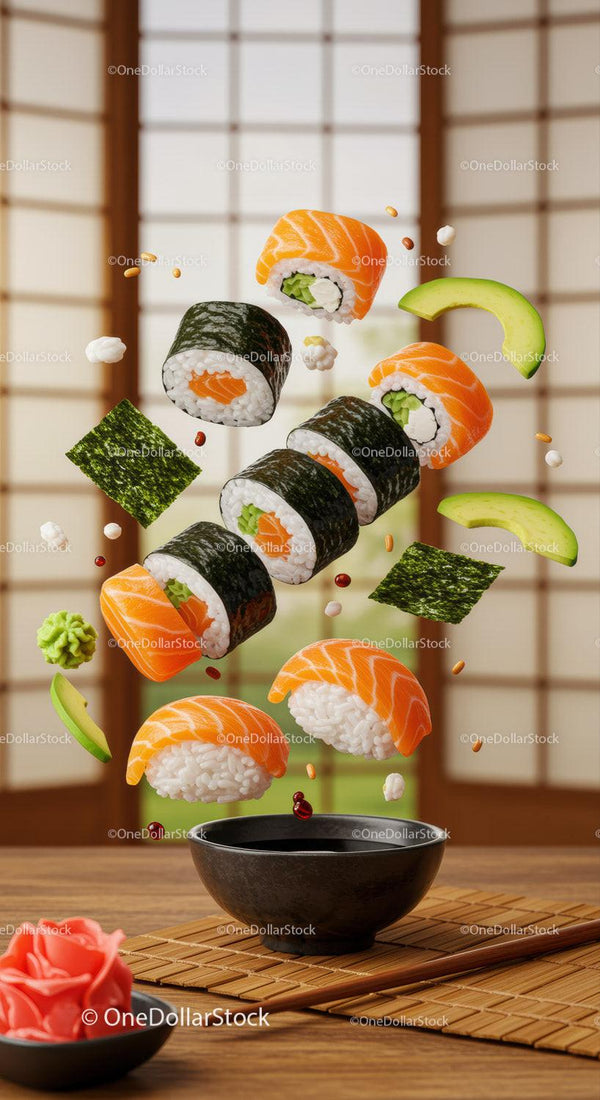 Fresh sushi rolls and ingredients suspended over bowl