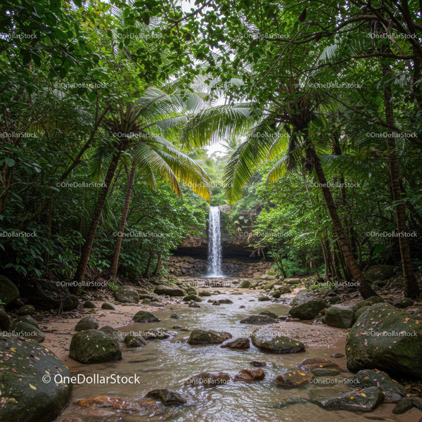 Lush Tropical Rainforest with Waterfall and River Scene