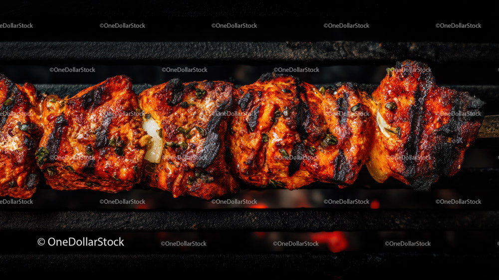 Colorful Grilled Meat and Vegetable Skewers on Barbecue Grill