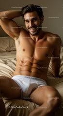 Smiling muscular man relaxing on bed in white underwear