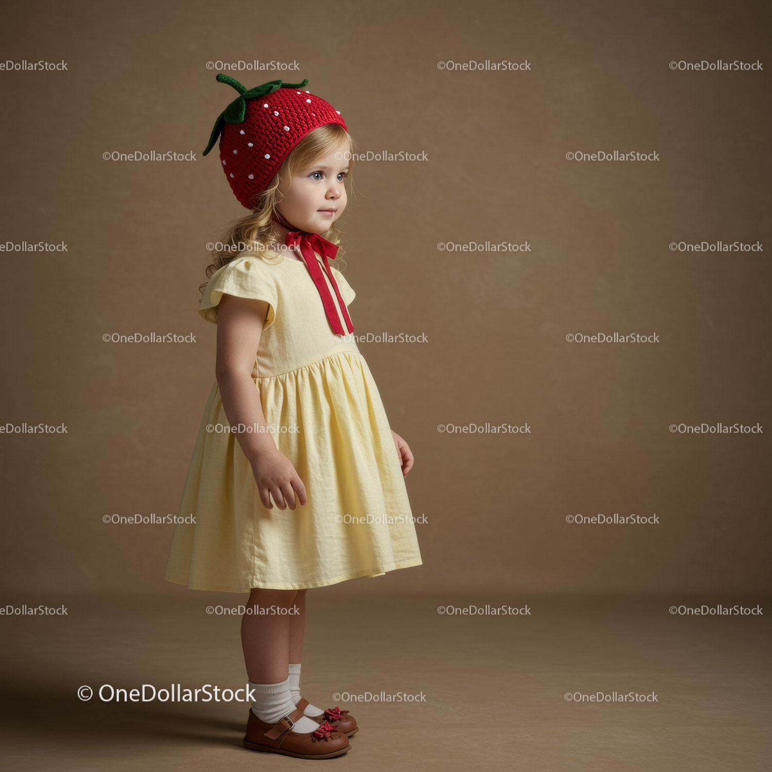 Little girl wearing strawberry hat and yellow dress