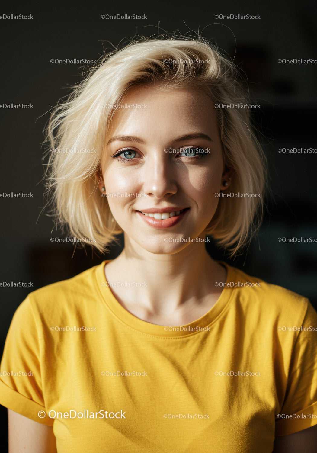 Portret uśmiechniętej blondynki w żółtej koszulce