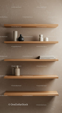 Minimalist Wooden Shelves with Ceramic Vases and Books in Modern Interior