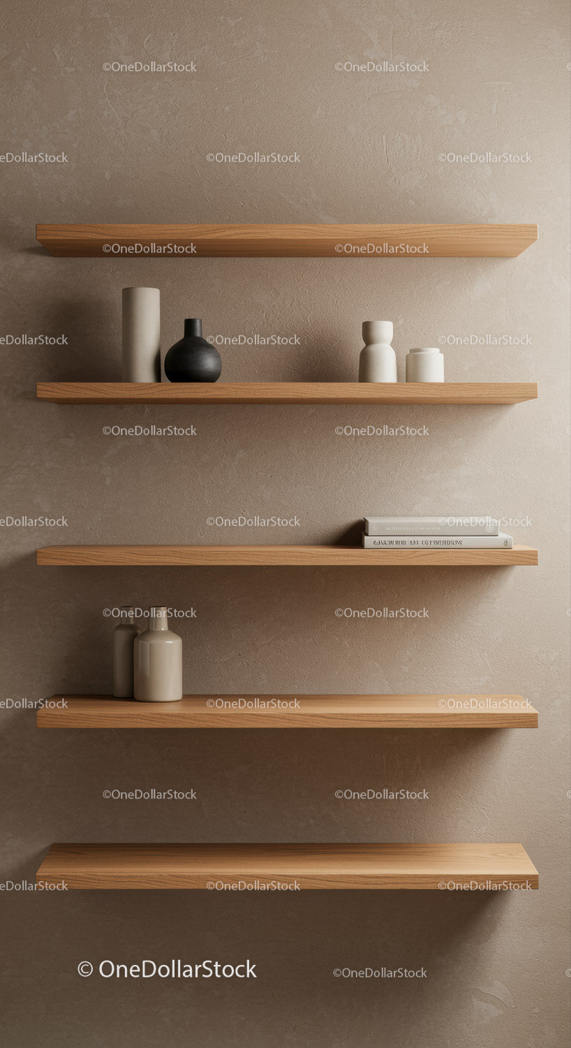 Minimalist Wooden Shelves with Ceramic Vases and Books in Modern Interior