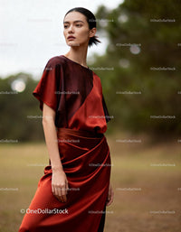 Elegant woman posing in silk rust red dress outdoors