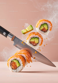 Fresh salmon sushi rolls sliced with knife in motion