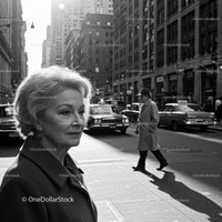 Black and White City Street Scene Featuring Mature Woman in Business Attire