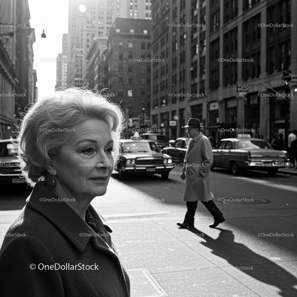 Black and White City Street Scene Featuring Mature Woman in Business Attire
