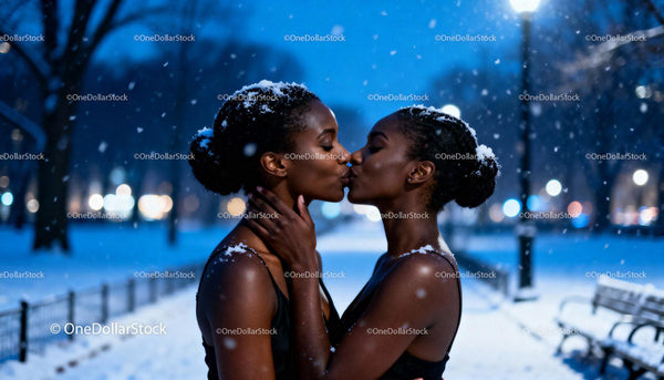 Couple sharing a tender kiss on snowy winter night