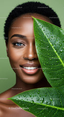 Close-up of a Black Woman with Bright Smile and Large Green Leaves