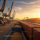 Container Terminal at Sunset with Cargo Ships and Cranes