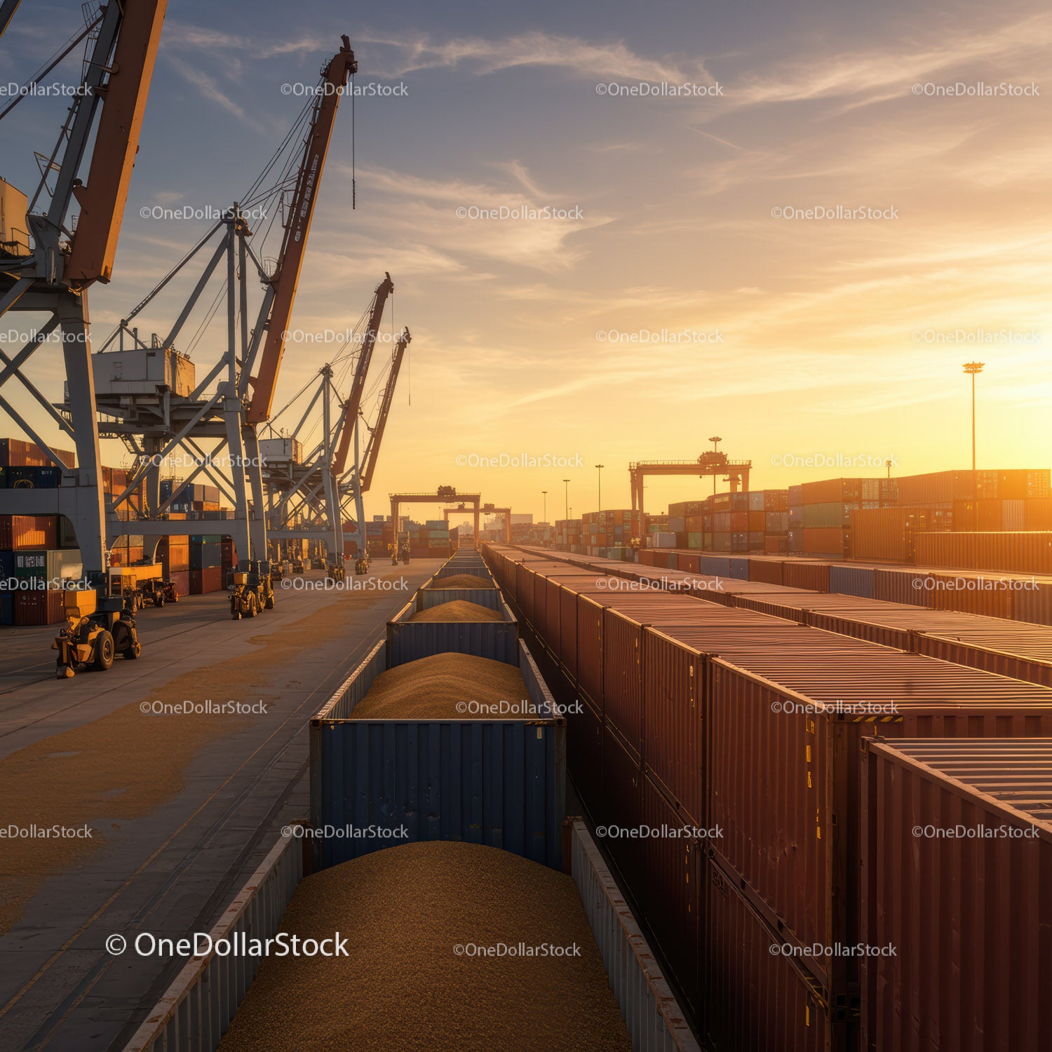 Container Terminal at Sunset with Cargo Ships and Cranes