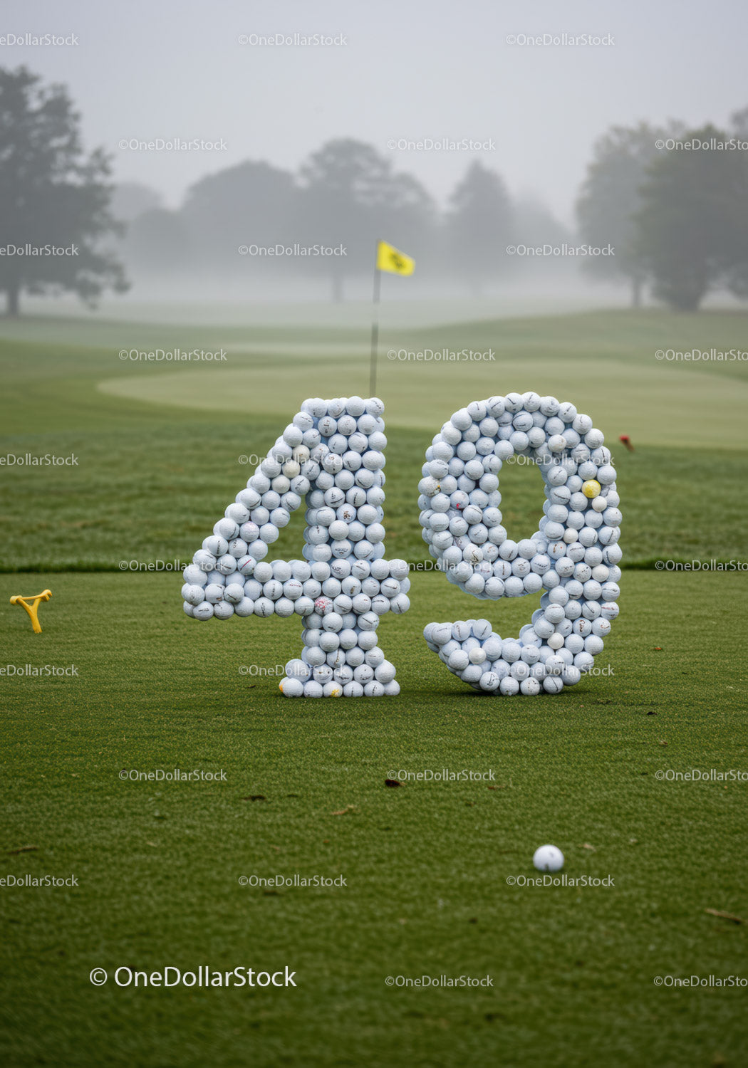 Golf course marker number 49 made of golf balls