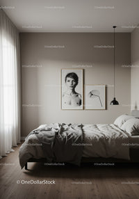 Minimalist Bedroom with Black and White Portraits and Cozy Bedding