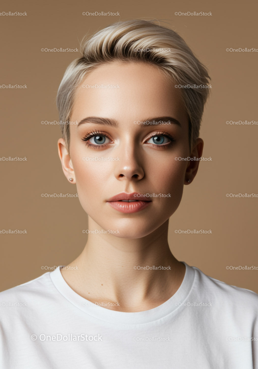 Elegancka blondynka z krótką fryzurą i niebieskimi oczami. Portret