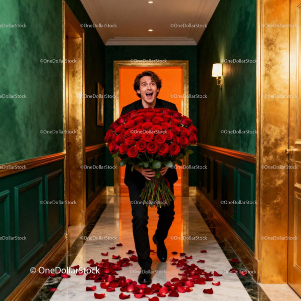 Joyful man carrying huge bouquet of red roses indoors