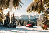 Snowy cabin with red roof in serene winter mountains