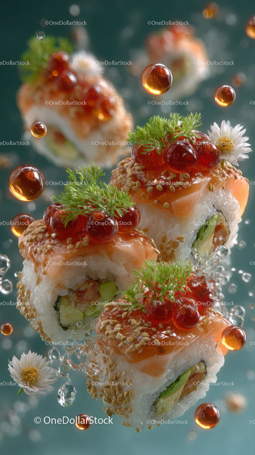 Fresh Salmon Sushi Rolls with Avocado and Red Roe in Elegant Presentation