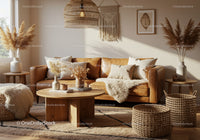 Cozy Living Room with Leather Sofa and Natural Decor