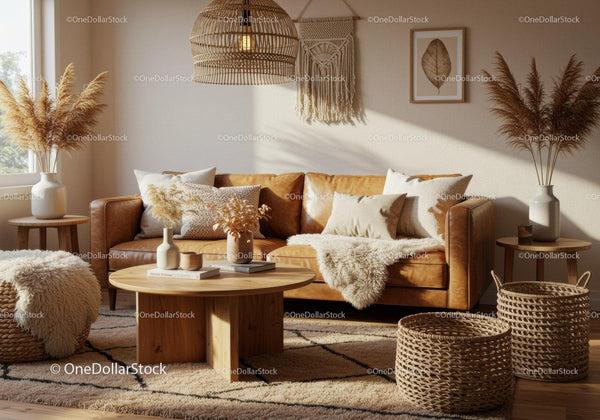 Cozy Living Room with Leather Sofa and Natural Decor
