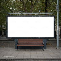 Empty urban bench with blank city billboard at park