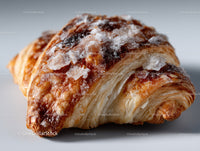 Golden croissant with powdered sugar and chocolate drizzle
