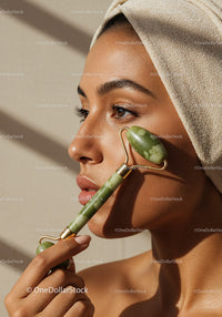 Elegant Woman Using Jade Roller for Relaxing Facial Skincare Treatment