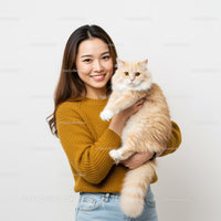 Young woman holding fluffy cream cat with bright eyes