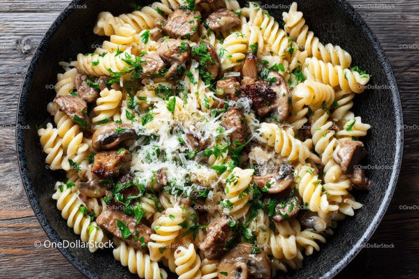 Syte Fusilli z Grzybami i Wołowiną w Rustykalnej Patelnia