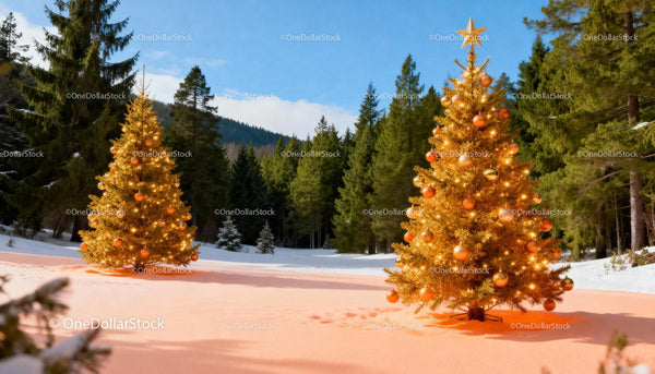 Golden Christmas trees glowing in snowy winter forest