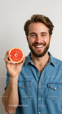 Young Man Holding Fresh Grapefruit with Bright Smile