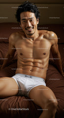 Smiling shirtless man relaxing on brown bed