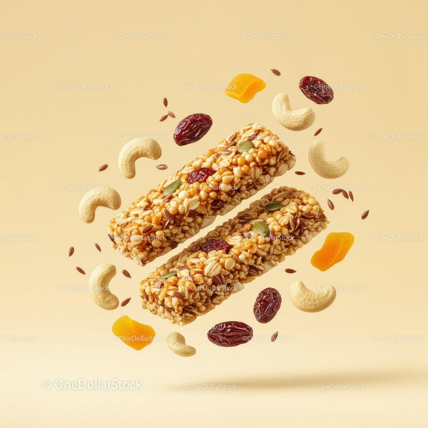Healthy granola bars with nuts and dried fruits floating