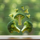 Fresh broccoli florets levitating over wooden table
