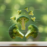 Fresh broccoli florets levitating over wooden table