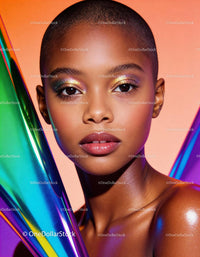 Close-up of young woman with vibrant makeup and holographic art