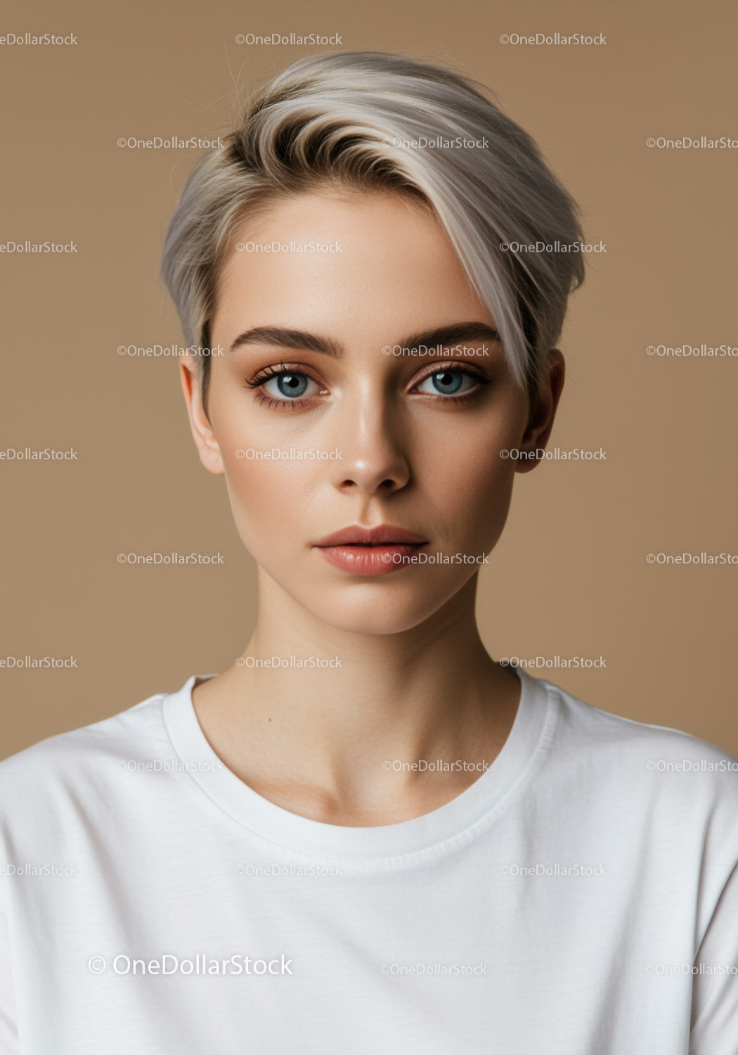Portrait of a Young Woman with Blonde Hair and Blue Eyes in Casual Style