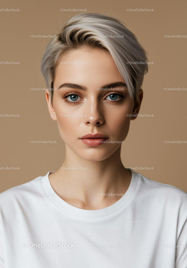 Portrait of a Young Woman with Blonde Hair and Blue Eyes in Casual Style